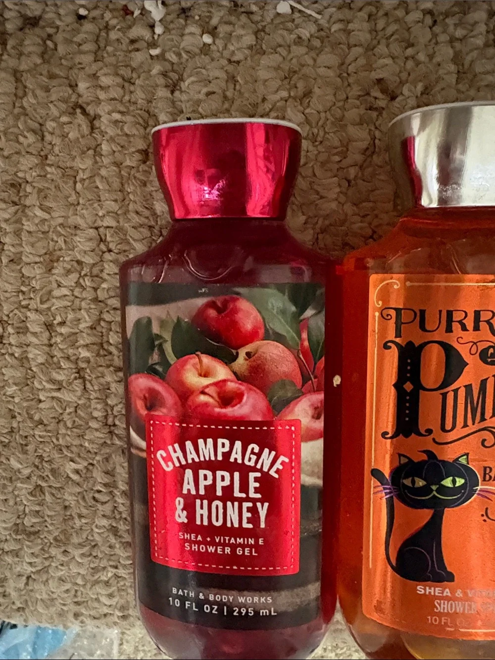 Bath and body shower gels in champagne apple &honey and purrfect pumpkin
